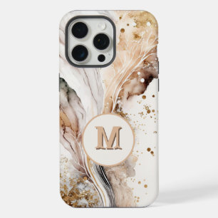 Elegant Monogram Brown Gold Marble Abstract Design iPhone 15 Pro Max Case