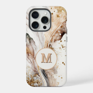Elegant Monogram Brown Gold Marble Abstract Design iPhone 15 Pro Case