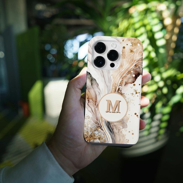 Elegant Monogram Brown Gold Marble Abstract Design iPhone Case (Creator Uploaded)