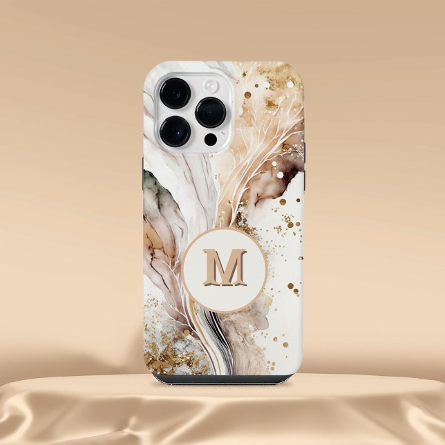 Elegant Monogram Brown Gold Marble Abstract Design iPhone Case (Creator Uploaded)