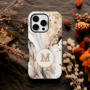 Elegant Monogram Brown Gold Marble Abstract Design iPhone 15 Pro Case