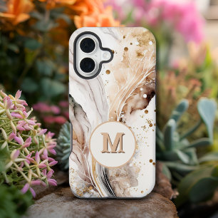 Elegant Monogram Brown Gold Marble Abstract Design iPhone 15 Plus Case