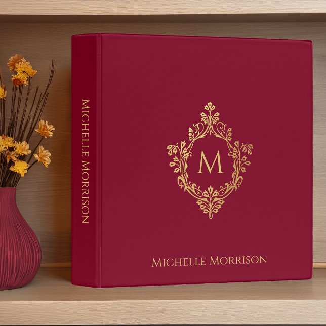 Elegant Monogram Burgundy Faux Gold Crest and Name Binder (Creator Uploaded)
