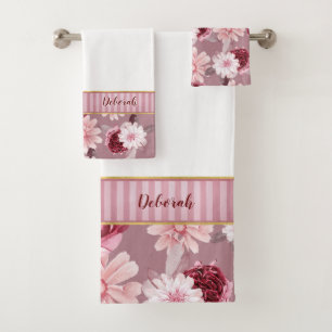 Elegant Monogram Burgundy Pink Floral Stripe Bath Towel Set