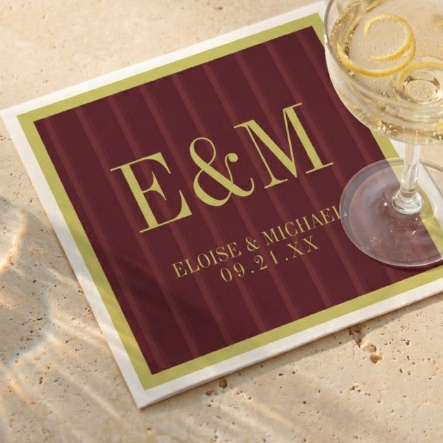 Elegant Monogram Burgundy Stripe Pattern Wedding Napkin (Elegant Monogram Burgundy Stripe Pattern Wedding Napkins)