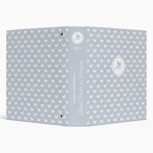 Elegant Monogram Butterfly Pattern Dusty Blue Binder (Background)