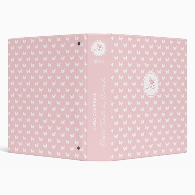 Elegant Monogram Butterfly Pattern Peach Pink Binder (Background)