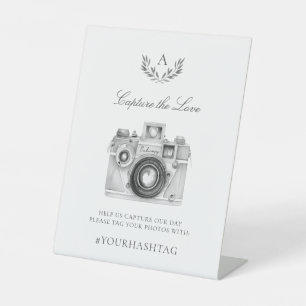 Elegant Monogram Capture The Love Wedding Hashtag Pedestal Sign