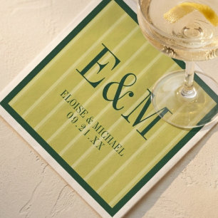 Elegant Monogram Chartreuse Stripe Pattern Wedding Napkin