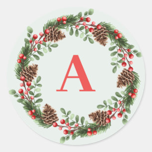 Elegant Monogram Christmas Cones Wreath Classic Round Sticker