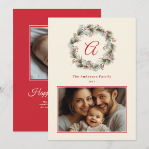 Elegant Monogram Christmas Wreath Family Photo Holiday Card