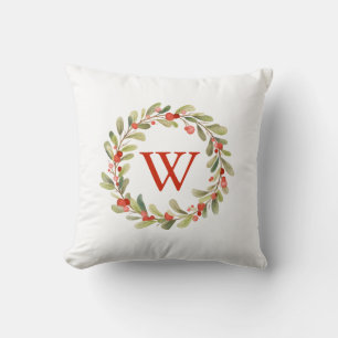 Elegant Monogram Christmas Wreath Throw Pillow