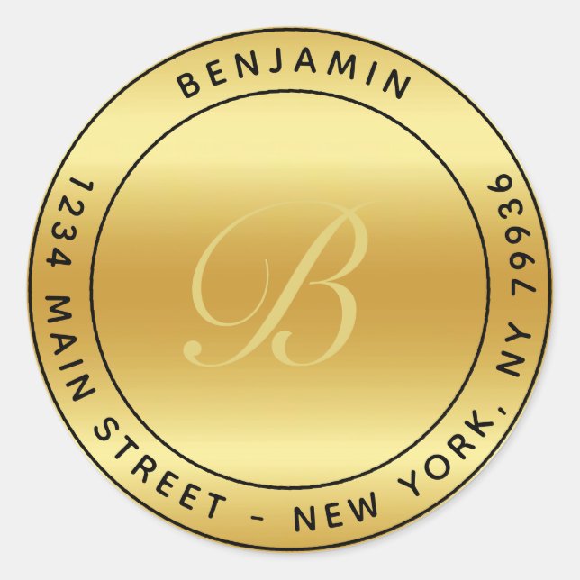 Elegant Monogram Circular Return Address Gold Classic Round Sticker (Front)