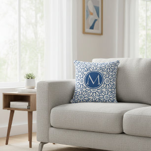 Elegant Monogram Classic Blue Sunflower Throw Pillow