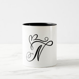 ELEGANT MONOGRAM COLOR BLACK LETTER "N"  Two-Tone COFFEE MUG