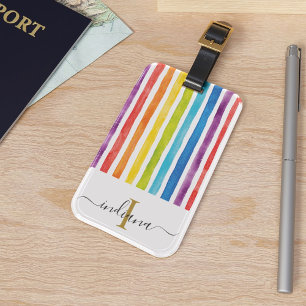 Elegant Monogram Colorful Watercolor Rainbow Luggage Tag