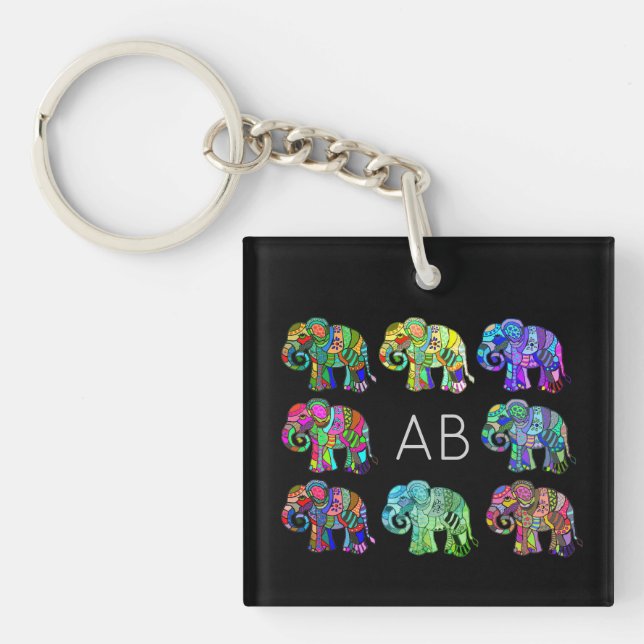 Elegant monogram colourful ornamental elephants keychain (Front)