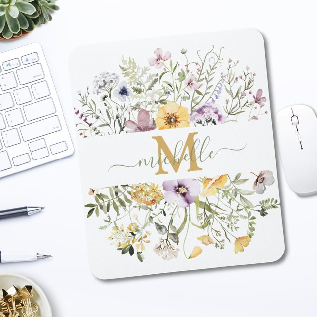 Elegant Monogram Colourful Wildflower Garden Flora Mouse Pad (In situ)