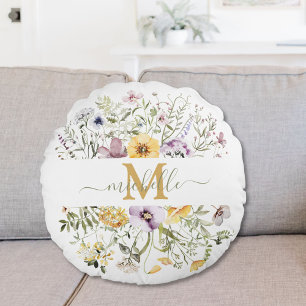 Elegant Monogram Colourful Wildflower Garden Flora Round Pillow