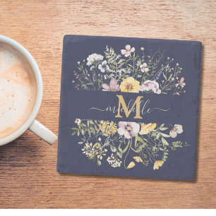 Elegant Monogram Colourful Wildflower Garden Flora Stone Coaster