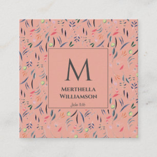 Elegant MONOGRAM Coral Pink Floral Square Business Card
