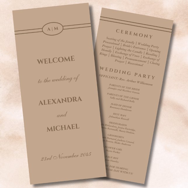 Élégant Monogram Cream Taupe Wedding Programme (Créateur téléchargé)