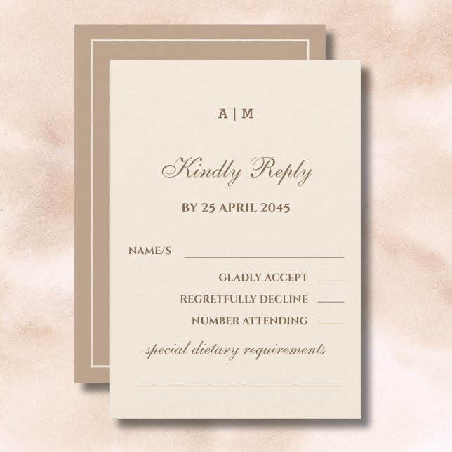 Elegant Monogram Cream Taupe Wedding RSVP Card  (Creator Uploaded)
