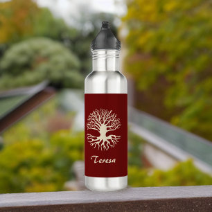 Elegant Monogram Cream Tree of Life on Burgundy 710 Ml Water Bottle