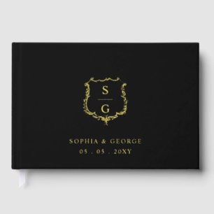 Elegant Monogram Crest Black and Gold Wedding Guest Book