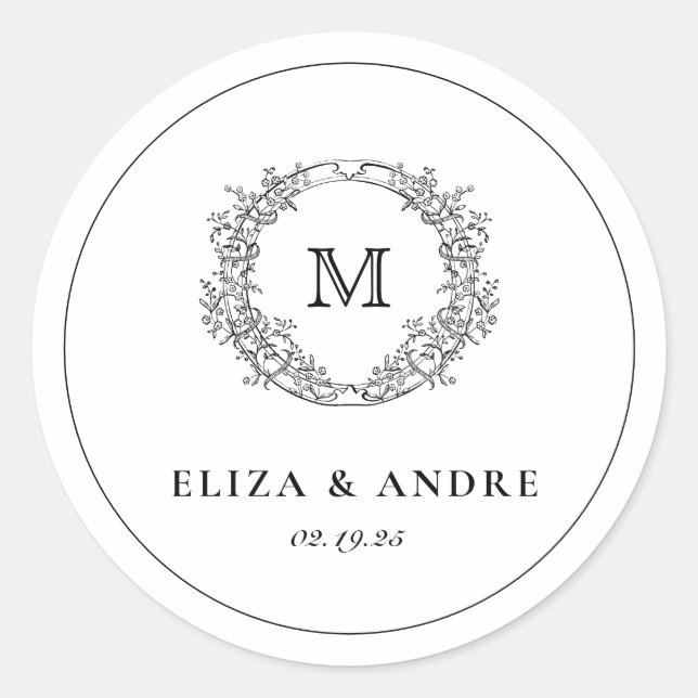 Elegant Monogram Crest Black and White Wedding  Cl Classic Round Sticker (Front)