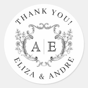 Elegant Monogram Crest Black and White Wedding  Classic Round Sticker
