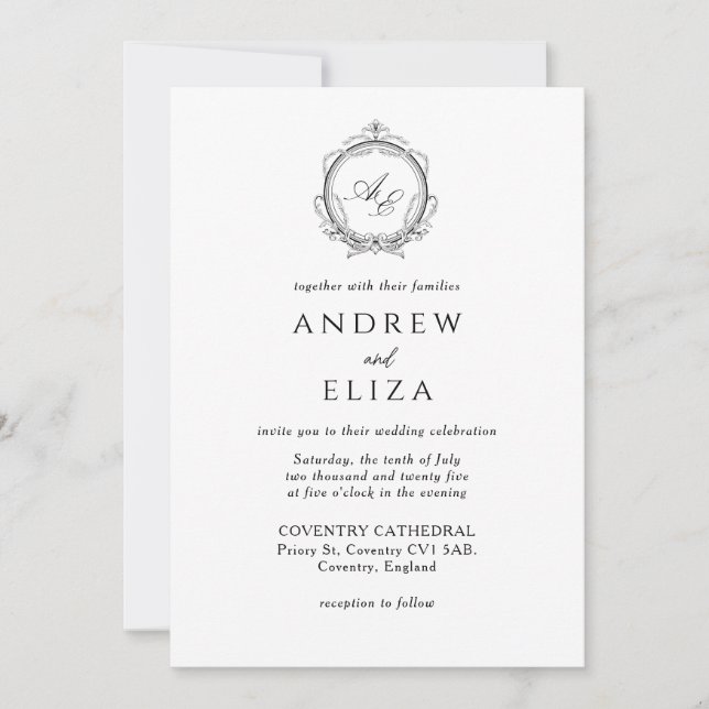 Elegant Monogram Crest Black and White Wedding  Invitation (Front)