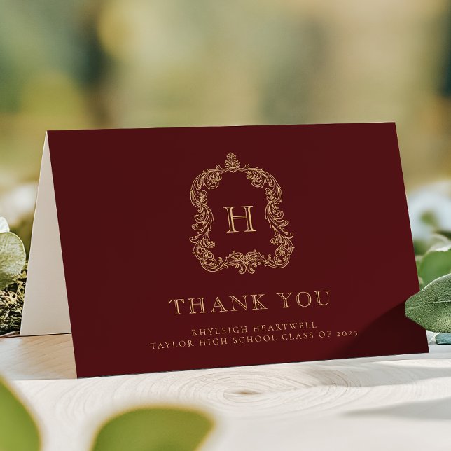 Elegant Monogram Crest Burgundy Gold Graduation Thank You Card (Creator Uploaded)