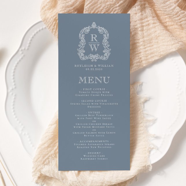 Elegant Monogram Crest Dusty Blue Wedding Menu (Creator Uploaded)