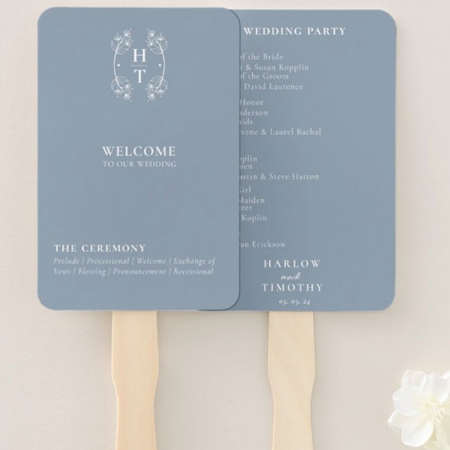 Elegant Monogram Crest Dusty Blue Wedding Program Hand Fan (Elegant Monogram Crest Dusty Blue Wedding Program Hand Fan)