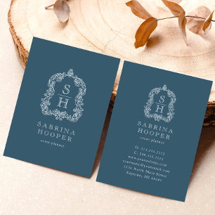 Elegant Monogram Crest Event Planner Indigo Blue Business Card