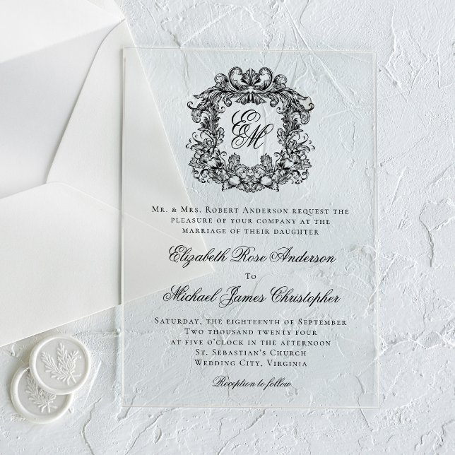 Elegant Monogram Crest Formal Wedding Acrylic Invitations (Creator Uploaded)