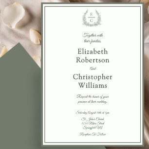 Elegant Monogram Crest Green Wedding Invitation