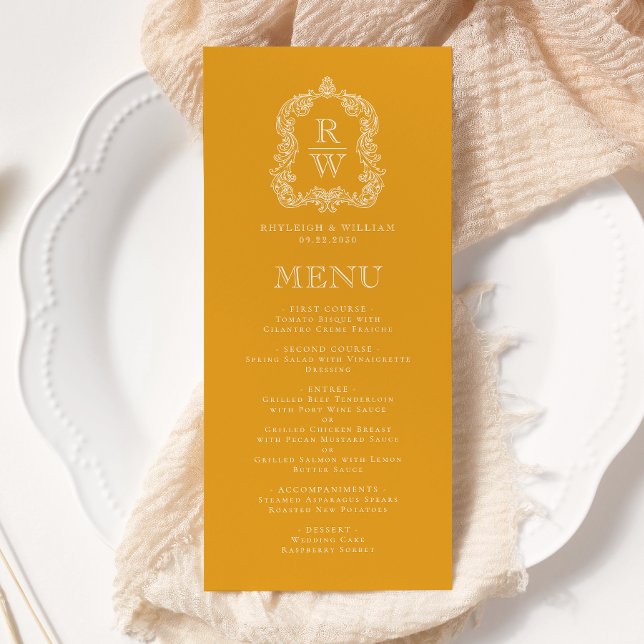 Elegant Monogram Crest Marigold Yellow Wedding Menu (Creator Uploaded)