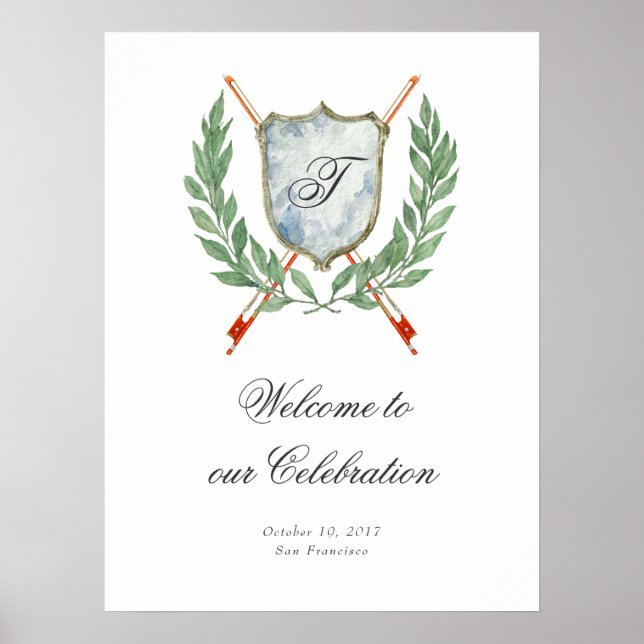Elegant Monogram Crest Musical Welcome Party Sign (Front)