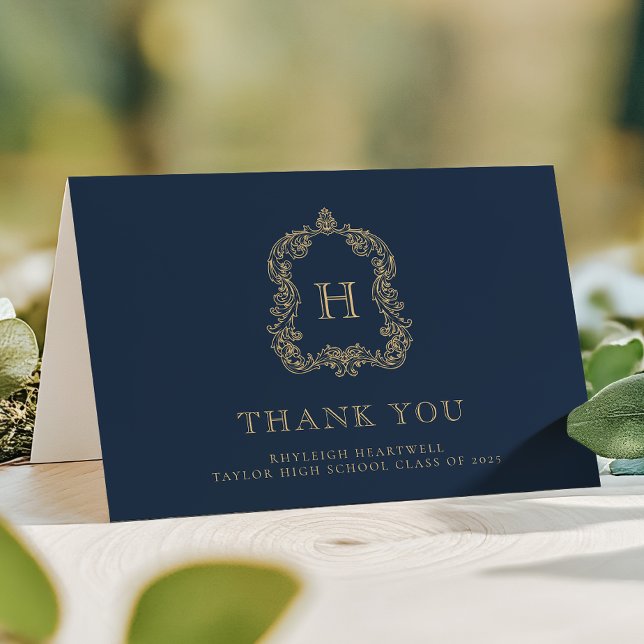 Elegant Monogram Crest Navy Blue Gold Graduation Thank You Card (Creator Uploaded)