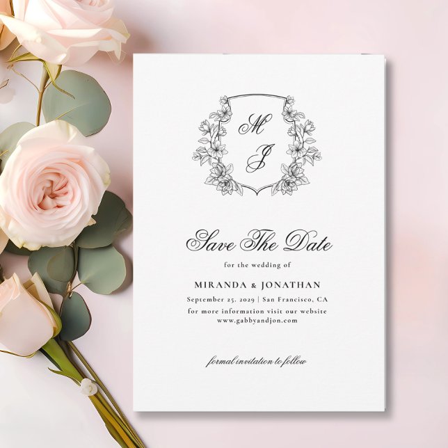Elegant Monogram Crest Photo Black White Wedding Save The Date (Creator Uploaded)