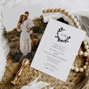 Elegant Monogram Crest Photo Botanical Wedding Invitation