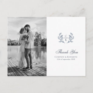 Elegant Monogram Crest Photo French Blue Wedding Postcard