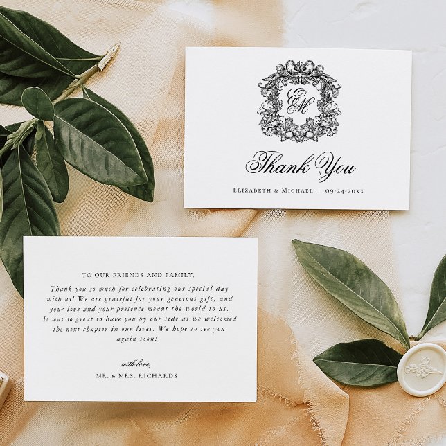 Elegant Monogram Crest Vintage Wedding  Thank You Card (Creator Uploaded)