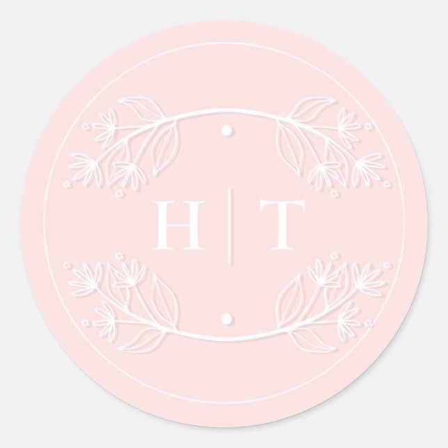 Elegant Monogram Crest Wedding pink blush   Classic Round Sticker (Front)