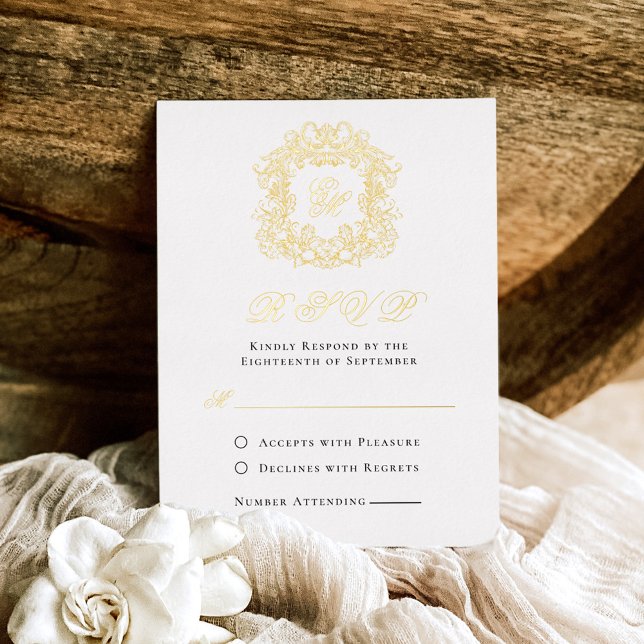 Elegant Monogram Crest Wedding RSVP Gold Foil Card (Creator Uploaded)