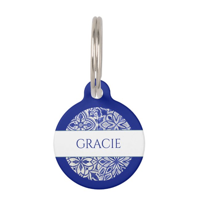 Elegant Monogram Custom Blue White Tile Pet Tag (Front)