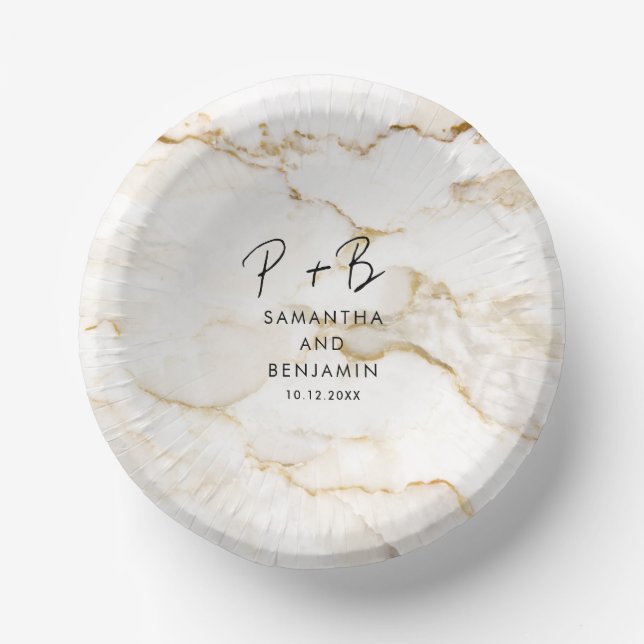 Elegant Monogram Custom Marble Effect Wedding Paper Plate (Front)
