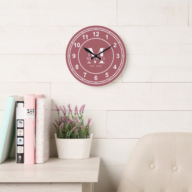 Elegant Monogram Custom Monogrammed Family Name Large Clock (Reading Room)